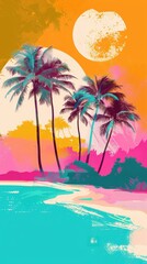 A vibrant desert oasis in pop art style, lush palm trees, turquoise water, simplified shapes