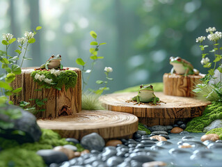 Wooden Natural podium product display in greenery, leaves and flowers, over the nature background, eco product advertisement with little green frog and water drops.