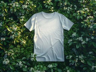 T shirt mock up in greenery, leaves and flowers, over the nature background, eco product advertisement. tshirt