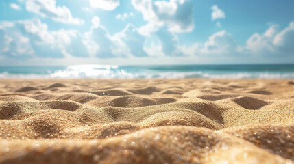 Immerse yourself in the idyllic coastal scenery captured in this close-up shot of sand against a blurred sea and sky background. AI generative. - obrazy, fototapety, plakaty