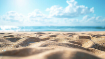 Fototapeta na wymiar Experience the tranquility of a close-up sand texture against a blurred sea and sky background on a sunny summer day. AI generative.