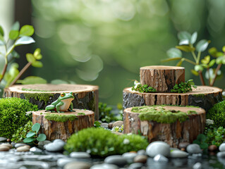 Wooden Natural podium product display in greenery, leaves and flowers, over the nature background, eco product advertisement with little green frog and water drops.