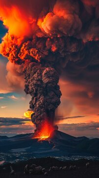 A volcanic eruption spewing lava and ash, a fiery display against a darkening sky