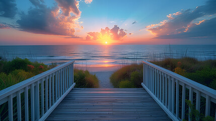 Walkway to ocean - sunset - golden hour - boardwalk - sea - beach - dunes - coast - holiday - vacation - getaway - escape  - obrazy, fototapety, plakaty