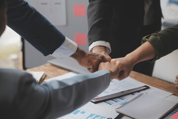 Meeting and greeting concept, Two confident Business handshake and business people after discussing...