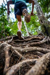 Close-up of a trail runners hands gripping gnarled tree roots for balance on a steep descent