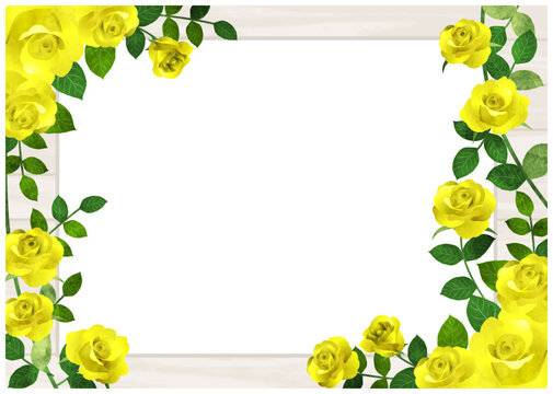 父の日、黄色いバラ、フレーム、木枠、横型、水彩、イラスト、かわいい