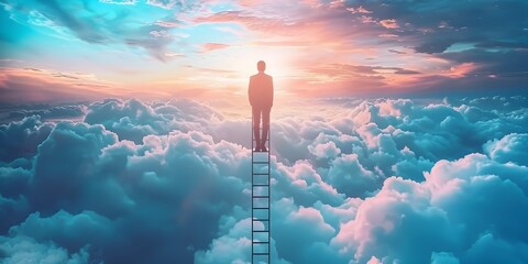 Ambitious Businessman Climbing Ladder Above Clouds Reaching for New Heights and Opportunities in Surreal Digital Landscape - obrazy, fototapety, plakaty