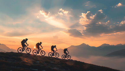 Mountain Bikers on Rocky Ridge at Dusk