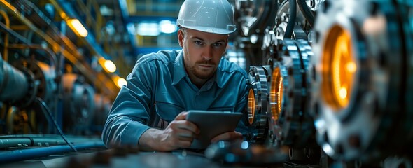An engineer in electric blue workwear is using a tablet in a factory