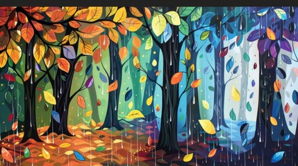 Realistic pop art scene of a forest clearing after a rainstorm, glistening leaves, vibrant colors, stylized raindrops