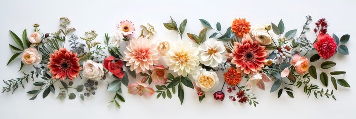 Assorted vibrant flowers arranged on white background. colorful flowers meticulously arranged on a white backdrop displaying a brilliant spectrum of colors and showcasing a variety of species