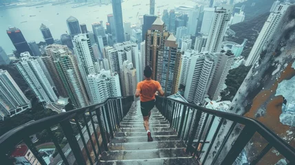 Foto op Plexiglas Runner conquers a steep urban staircase, cityscape stretching out in a panoramic view from the top © ktianngoen0128