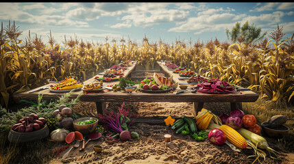 A rustic farm-to-table scene with a long table set in the middle of a field, surrounded by the...