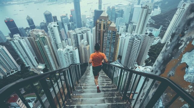 Runner conquers a steep urban staircase, cityscape stretching out in a panoramic view from the top