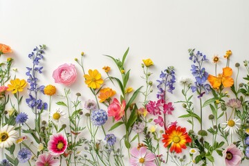 Assorted vibrant flowers arranged on white background. colorful flowers meticulously arranged on a white backdrop displaying a brilliant spectrum of colors and showcasing a variety of species