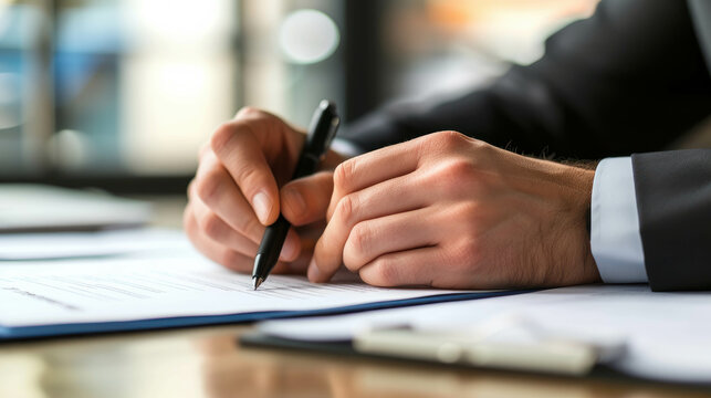 Office worker's hand busy with note-taking on documents, showcasing business professionalism.