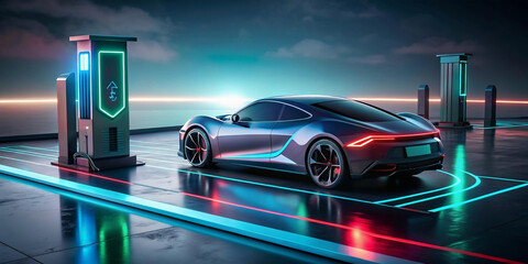 Fototapeta premium futuristic car charging station with charging station and charging station on the road, futuristic car concept