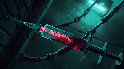 A threatening scene with a syringe entangled in chains against a dark, foreboding background