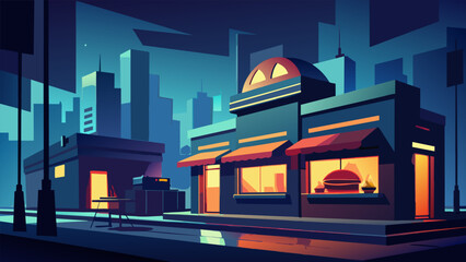 As the city lights begin to fade the neon signs of the late night diners light up in a dazzling display. The smell of greasy burgers and hot - obrazy, fototapety, plakaty