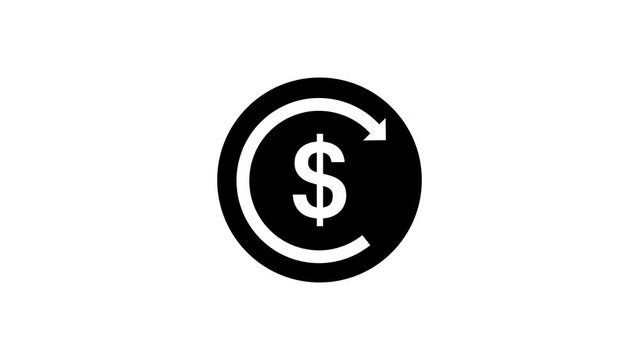 Animated refund money icon black and white color. Alpha channel, transparent background. 4K resolution
