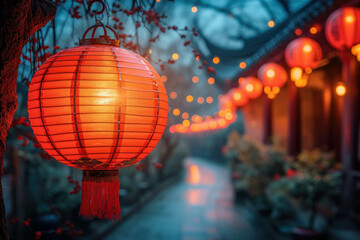 Obraz na płótnie Canvas Immerse yourself in the festive spirit of Chinese culture with glowing red lanterns on an evening street. AI generative methods elevate the traditional celebration scene.