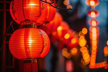 Naklejka premium Capture the vibrant atmosphere of Chinese New Year with red lanterns adorning the evening street. AI generative technology enhances cultural celebration scenes.