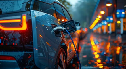 a close up of an electric car being charged on a city street