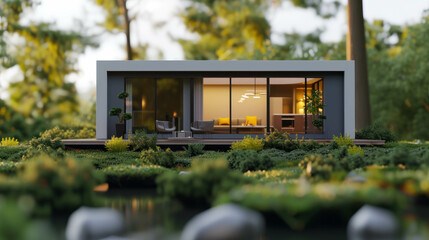 Explore the intricate details of a hyper-realistic small modern house model situated in a serene natural setting. AI generative technology elevates the photorealism of this highly detailed image. - obrazy, fototapety, plakaty