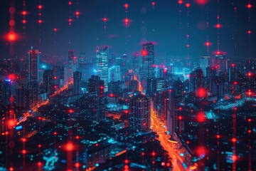 Discover the advanced infrastructure of a smart city with a robust communication network, showcasing 5G and IoT capabilities. AI generative technology enhances the realism of the concept.
