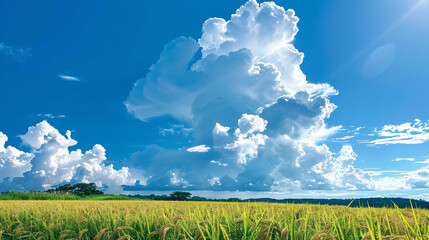 Lush rice fields bathed in contrasting light create a serene landscape beneath a clear blue sky with clouds.