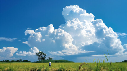 A countryside panorama showcases rice fields under a clear blue sky with dramatic lighting.