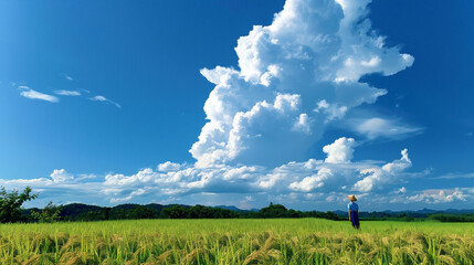 A rural scene unfolds with rice paddies illuminated by dramatic light, set against a clear blue sky with clouds.