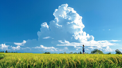 Lush rice fields bathed in contrasting light stretch beneath a clear blue sky with fluffy clouds.
