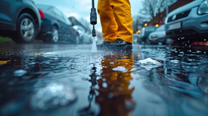 Using high pressure washer to clean water puddle on wet street