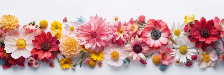 Fototapeta na wymiar Assorted vibrant flowers arranged on white background. colorful flowers meticulously arranged on a white backdrop displaying a brilliant spectrum of colors and showcasing a variety of species