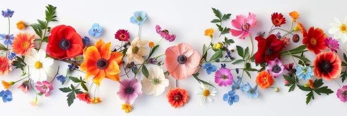 Assorted vibrant flowers arranged on white background. colorful flowers meticulously arranged on a white backdrop displaying a brilliant spectrum of colors and showcasing a variety of species - obrazy, fototapety, plakaty