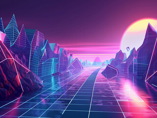 Virtual reality grid landscape, 3D vector, neon accents