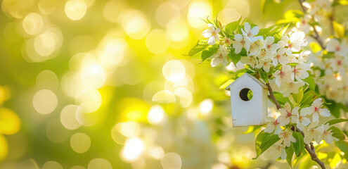 Discover the perfect harmony of nature and garden decor in this captivating image featuring a white flowering tree and a hanging birdhouse decoration. AI generative