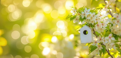 Papier Peint photo Lavable Jaune Discover the perfect harmony of nature and garden decor in this captivating image featuring a white flowering tree and a hanging birdhouse decoration. AI generative