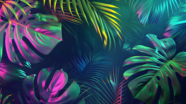Tropical exotic palm leaves botanical dark green blue pink gradient banner background wallpaper design.Floral frame.Jungle surface.