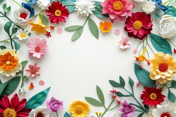 Assorted vibrant flowers arranged on white background. colorful flowers meticulously arranged on a white backdrop displaying a brilliant spectrum of colors and showcasing a variety of species