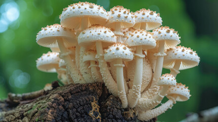 Explore the intricate details of white fungi growing on a dead tree trunk in this hyper-realistic image. AI generative technology captures the beauty of nature with photo-realistic precision.