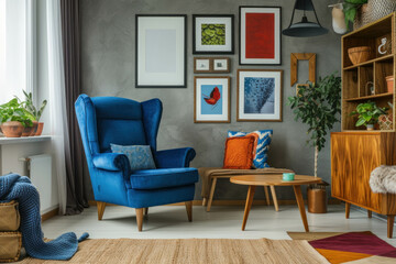 Experience the charm of a Scandinavian living room with a wing chair near a rustic wooden coffee table, adorned with frames. Vibrant colors enhance the cozy ambiance. AI generative adds depth.
