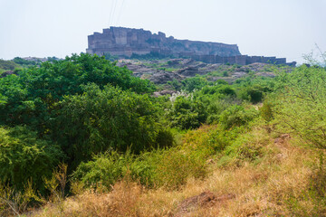 View of Mehrangarh fort from Rao Jodha desert rock park, Jodhpur, India. Green vegetation in the foreground and Mehrangarh fort in the background, with rocky landscape of the desert park.