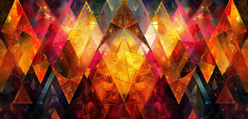Fractal triangles, an intricate dance of color and form in warm tones.