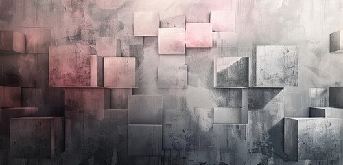  Geometric cubes in muted grays and subtle pinks, an abstract exploration.