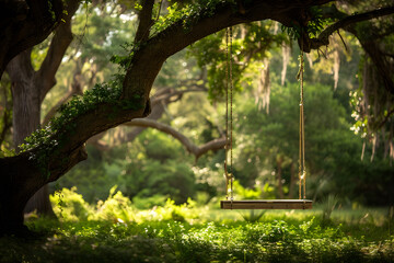 A wooden swing hanging from a tree in a park. Suitable for outdoor recreation concept