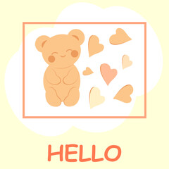 Cute cheerful teddy bear in kawaii style with hearts and the inscription hello. Minimalistic universal card.
