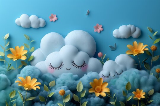 Sleeping Cloud Surrounded by Flowers. Generative AI
